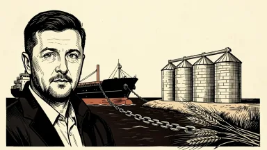Volodymyr Zelensky seeks grain transit through EU states: Zelensky's portrait near four grain silos while a cargo ship is held by a chain in the background. Identity photo references adapted into illustration: President Of Ukraine from Україна (CC0; http://creativecommons.org/publicdomain/zero/1.0/deed.en); source https://commons.wikimedia.org/wiki/File:2025_Volodymyr_Zelenskyy_(cropped).jpg