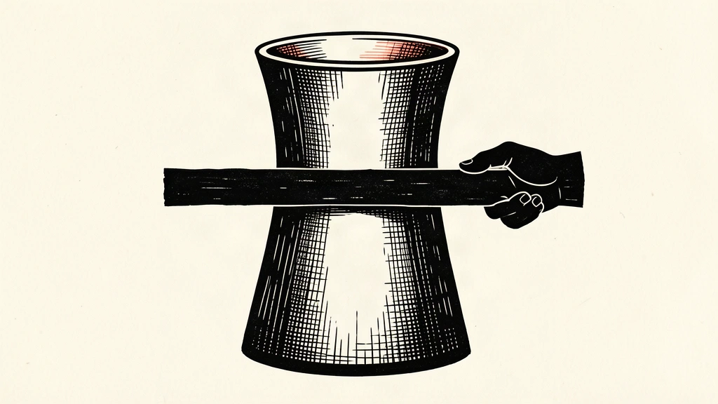 An editorial illustration showing a nuclear cooling tower being held in place by a thick horizontal bar and a silhouetted hand, representing a freeze-first security approach.