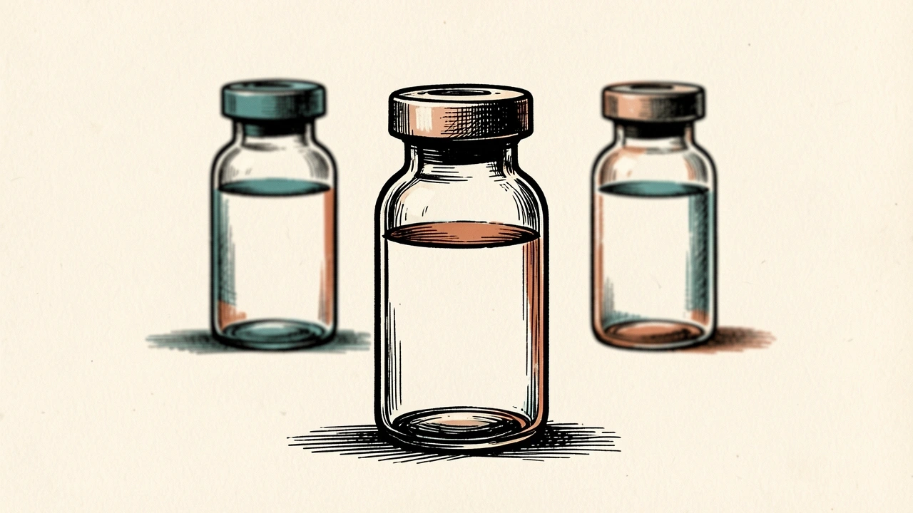 Sanofi coverage initiated with a Peer Perform rating: a pharmaceutical vial stands on a level surface alongside two identical peer vials.