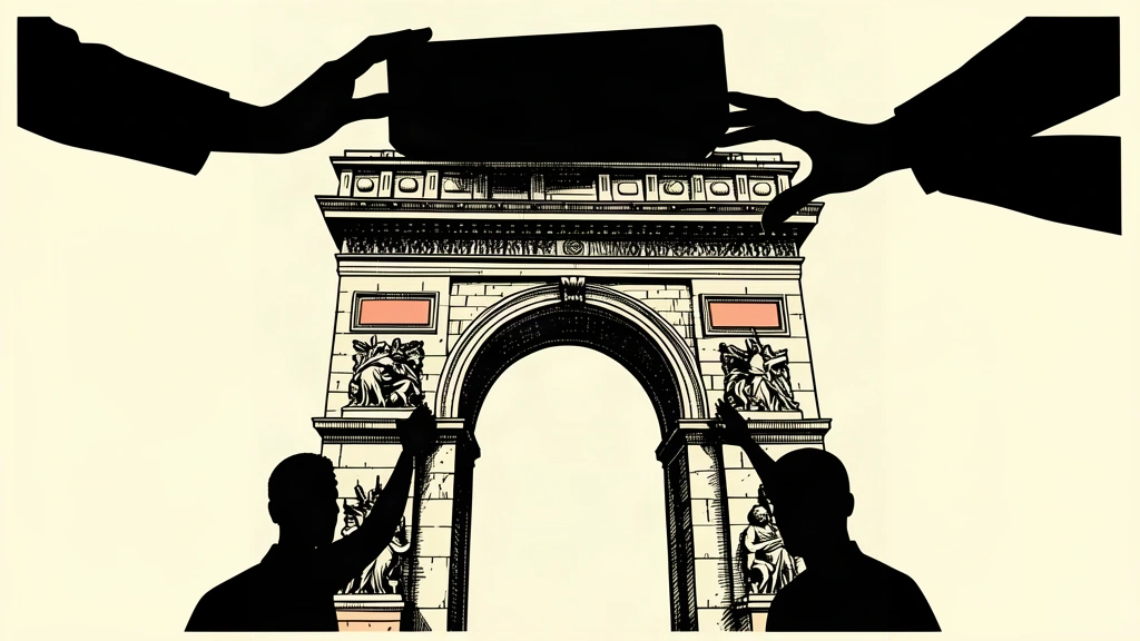 An editorial illustration showing a large stone block being carefully lowered onto a sturdy archway, symbolizing a significant budgetary effort.