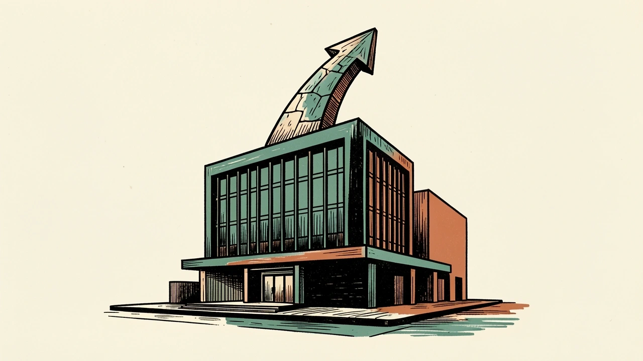 Citigroup's 2026 net interest income forecast is shown as a stone arrow rising from a bank building.