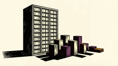 An editorial illustration showing a large server rack with a series of unevenly sized blocks leading toward it, symbolizing fluctuating capital spending.