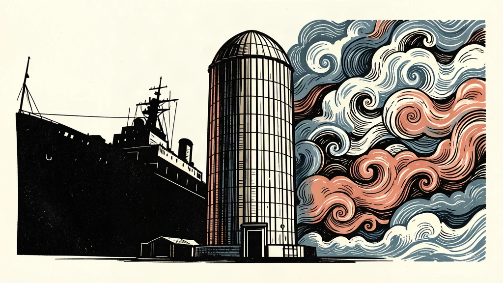 An editorial illustration of a grain silo standing firm between the dark silhouette of a naval ship and a swirling storm, representing geopolitical and weather threats.