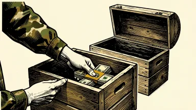 Iran-backed militias sending money to the IRGC: anonymous hands in camouflage sleeves place stacks of currency into a large, empty wooden crate.
