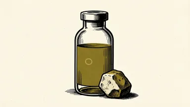 Regeneron earnings impacted by acquisition costs: a large pharmaceutical vial with a heavy stone resting against its base.
