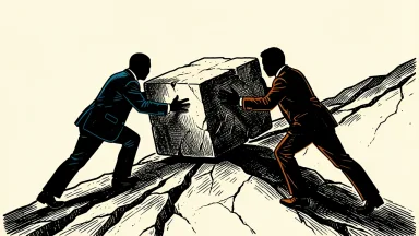 France's fiscal consolidation challenges: two silhouettes struggle to hold a massive stone block on a steep, cracked incline.