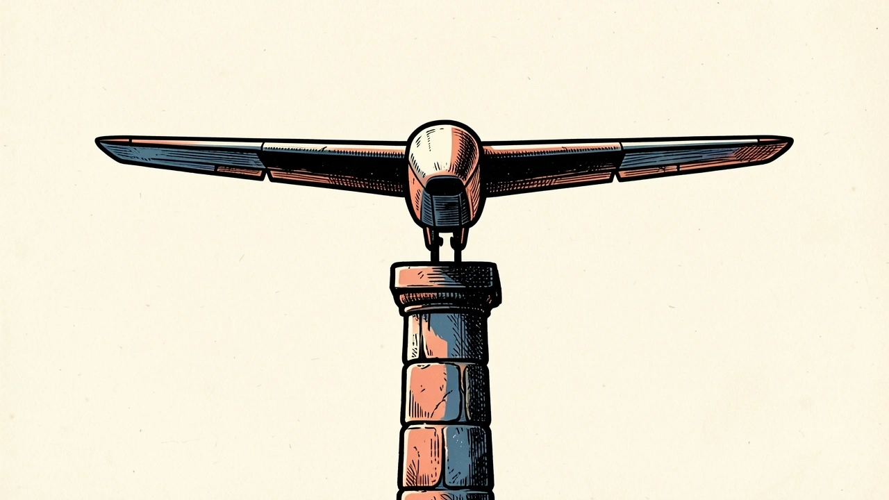 AeroVironment initiated at Neutral by Rothschild & Co: a fixed-wing drone balanced horizontally on a single stone pillar.