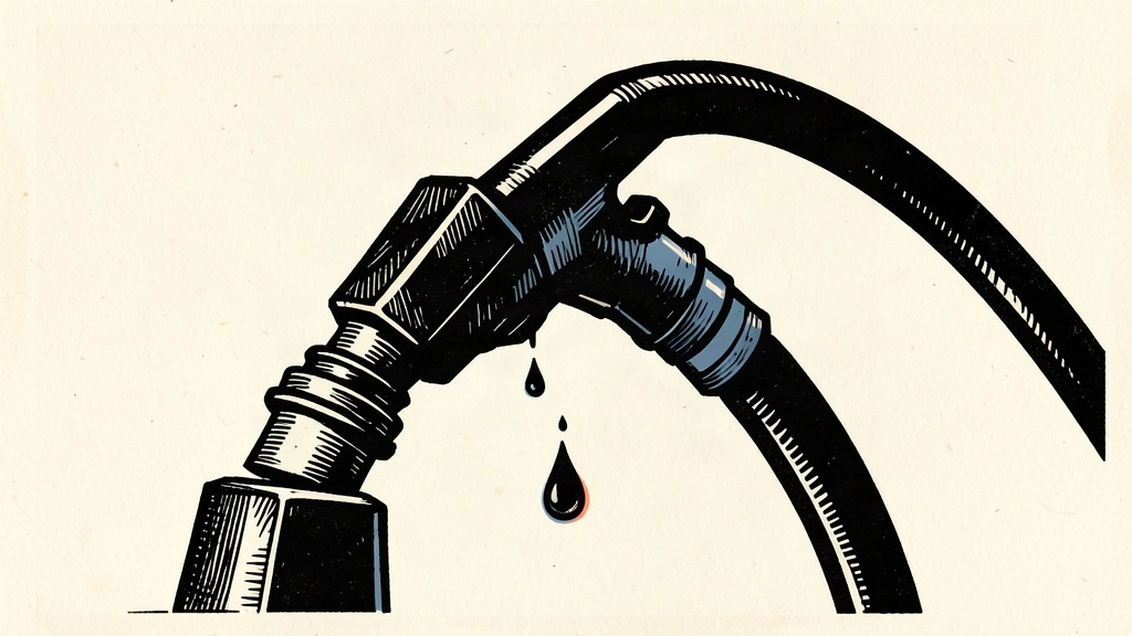 An industrial fuel nozzle hangs heavily, creating tension in its hose against a stark background.