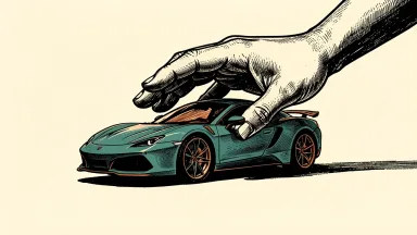 Ferrari share buyback program: a stylized sports car silhouette being gathered or cupped by a large protective hand.