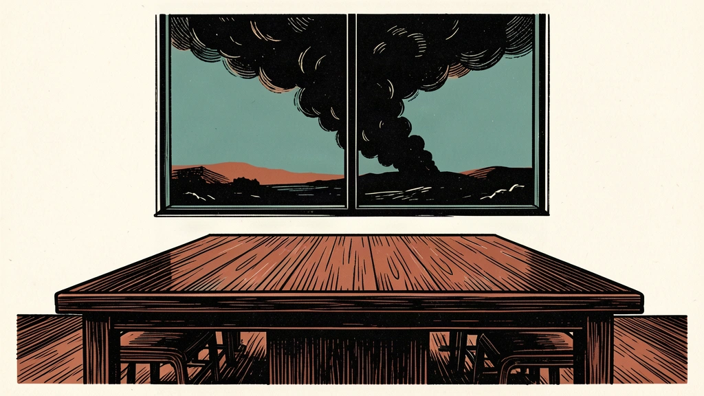 An empty conference table in a quiet room overlooks a distant plume of smoke on the horizon, representing talks continuing during active conflict.