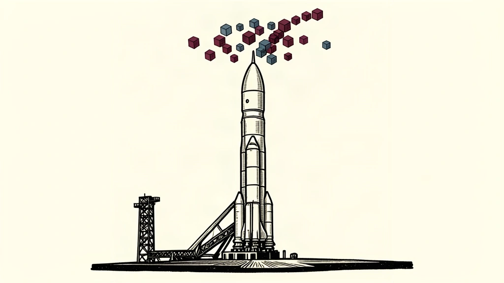 A vertical rocket on a launch pad releasing a constellation of small cube-shaped satellites from its tip.