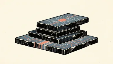 Fair Isaac streamlining its corporate structure: a stack of stone slabs with middle layers removed and a glowing circuit pattern etched into the remaining pieces.