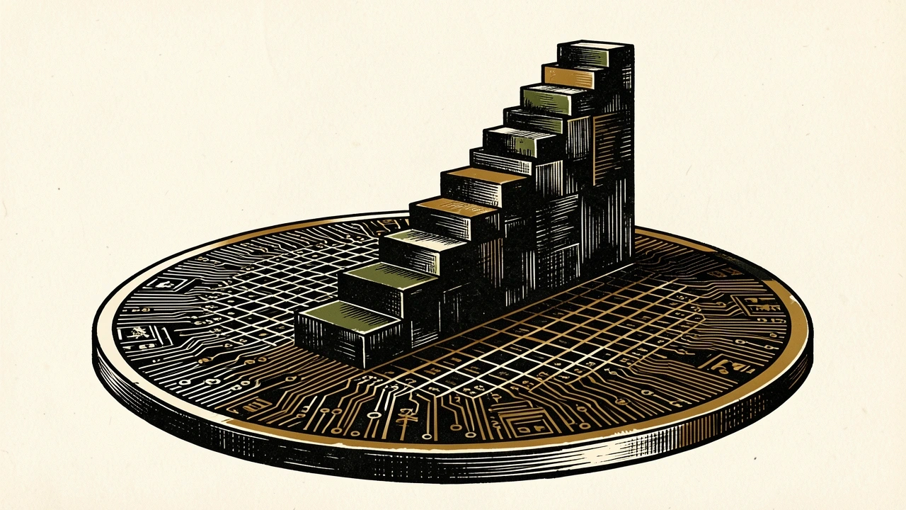 TSMC revenue guidance exceeds estimates on 2nm technology ramp: a silicon wafer with a steep upward staircase of geometric blocks rising from its surface.
