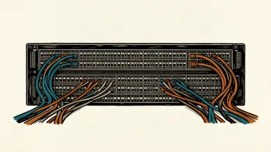Clearfield's high-density fiber panel for AI data centers: a compact rack-mounted device with massive bundles of fiber optic cables sweeping out from its ports.