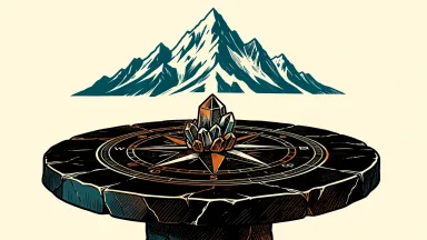 Greenland Mines to join Arctic mining roundtable: a crystalline mineral sample sits at the center of a heavy stone table before a jagged mountain peak.