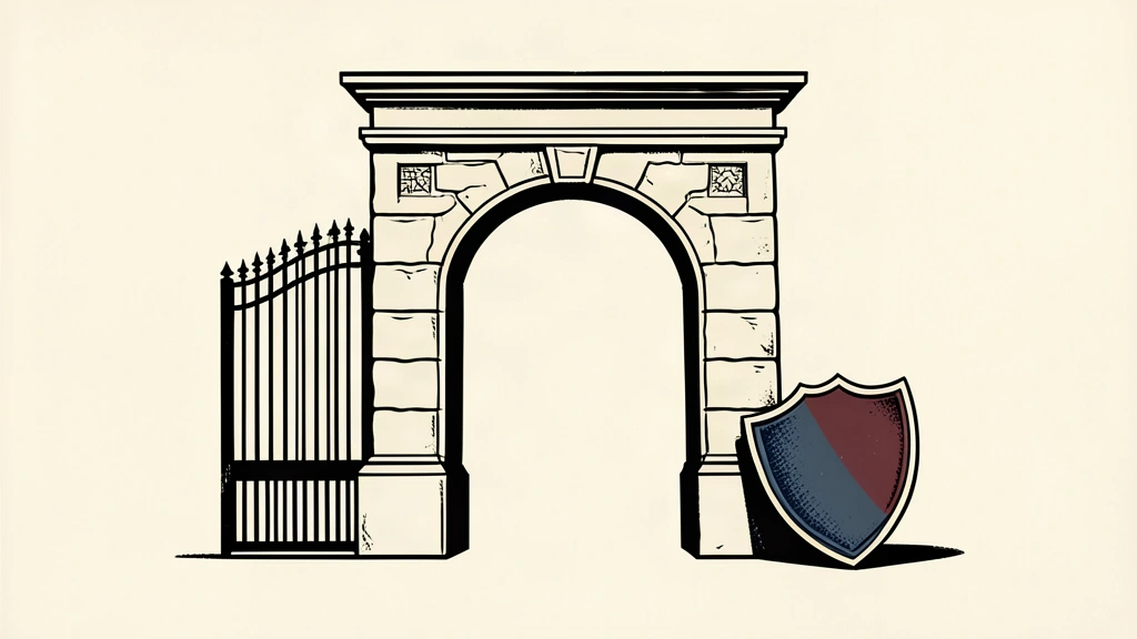 A linocut illustration of a stone archway with a protective shield and a heavy iron gate, symbolizing a request for protection from external restrictions.