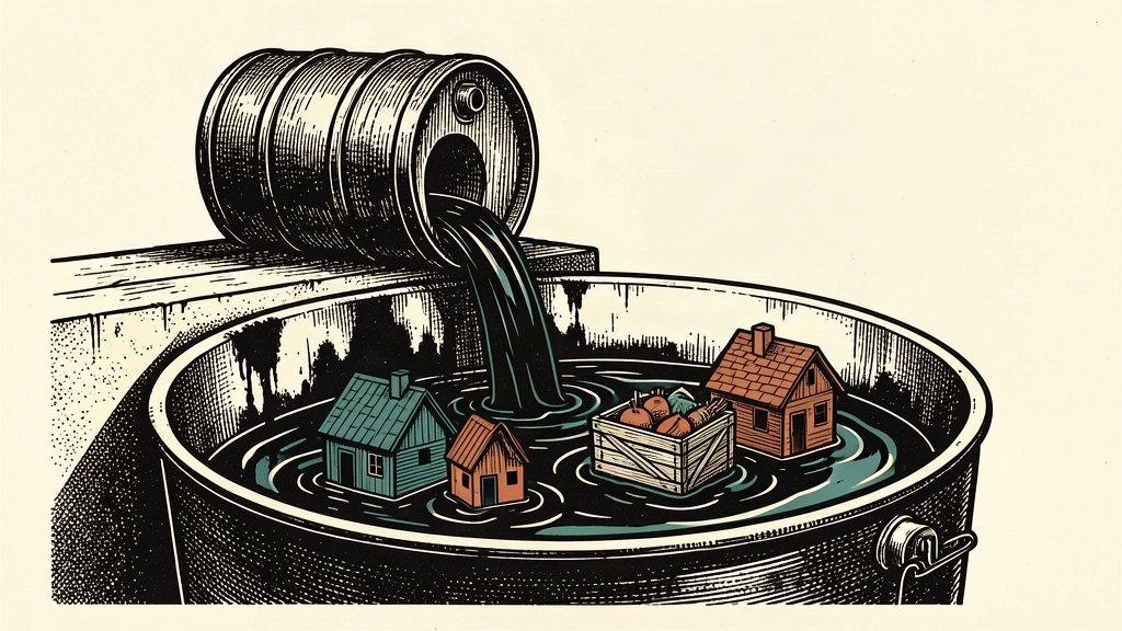 An editorial illustration showing oil pouring from a barrel into a basin where household items float, while the overall liquid level shows a slight decline from a previous high point.