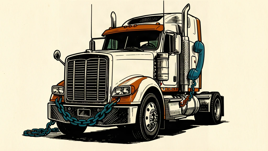 An editorial illustration of a large truck cab with a telephone handset leaning against it, symbolizing a reporting tipline for licensing fraud.
