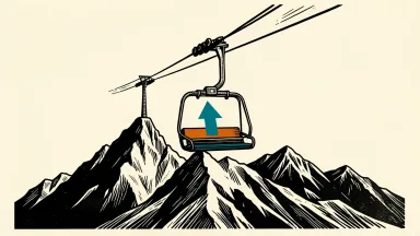 Vail Resorts (MTN) receives a Buy rating: a ski lift chair carrying a large upward arrow toward a mountain summit.