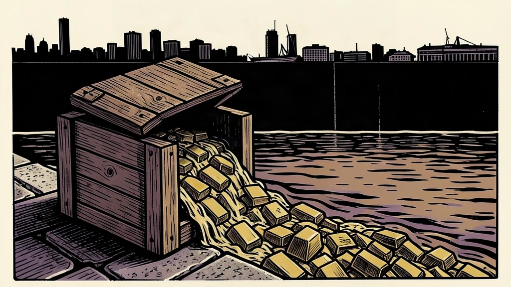 An editorial illustration showing a crate of gold bars flowing around a sanction barrier toward a harbor skyline.