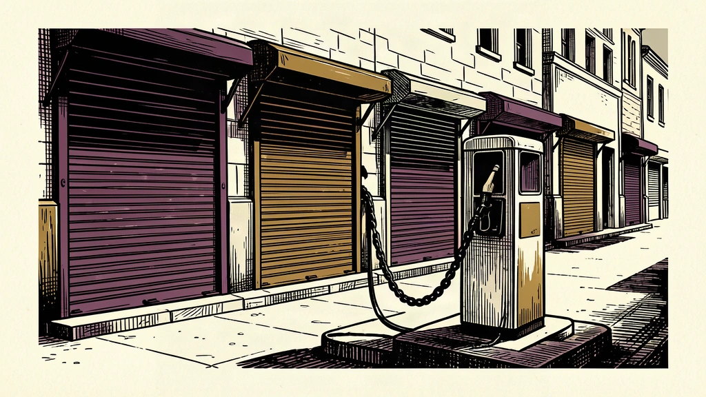 An editorial illustration showing a row of closed market shutters and a chained fuel pump, representing Pakistan's economic restrictions.