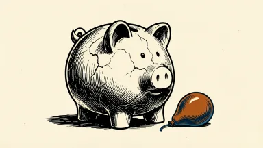Consumer sentiment drops sharply among non-stock owners; a cracked piggy bank and deflated balloon illustrate financial strain.