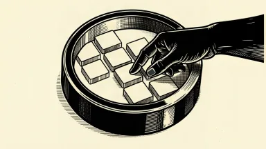 An editorial illustration showing a large smart ring framing several small square tiles, with a hand reaching in to take one.
