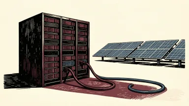 Alibaba and Solaria in power supply talks: a large data center server rack on a plain with a power cable reaching toward but not yet touching a solar array.