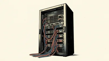 Astera Labs Orion architecture for AI factories: a modular server rack with a dense fabric of data cables connecting multiple processor modules.