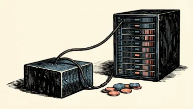 CoreWeave stock under pressure from rising debt yields: a server rack is pulled downward by a heavy weight despite the presence of smaller investment coins.
