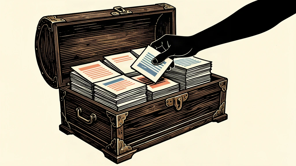 An editorial illustration showing a pair of hands selectively picking a small bundle of documents from a large chest overflowing with papers, representing a selective debt buyback.