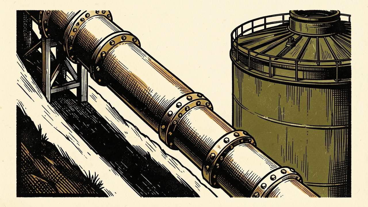 US natural gas futures plunge as supply expectations rise: a large, intact industrial pipeline descending sharply down a steep slope toward a storage tank.