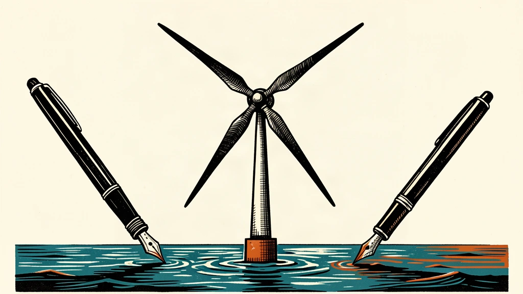 An editorial illustration showing a large offshore wind turbine being measured or marked by two large ink pens from opposite sides.