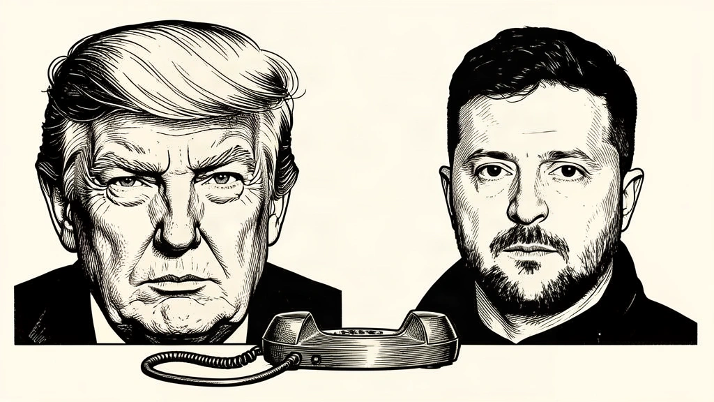 A conceptual illustration of Donald Trump and Volodymyr Zelenskyy facing forward with a telephone handset between them. Identity photo references adapted into illustration: Daniel Torok (Public domain; https://commons.wikimedia.org/wiki/File:Official_Presidential_Portrait_of_President_Donald_J._Trump_(2025).jpg); source https://commons.wikimedia.org/wiki/File:Official_Presidential_Portrait_of_President_Donald_J._Trump_(2025).jpg | President Of Ukraine from Україна (CC0; http://creativecommons.org/publicdomain/zero/1.0/deed.en); source https://commons.wikimedia.org/wiki/File:2025_Volodymyr_Zelenskyy_(cropped).jpg