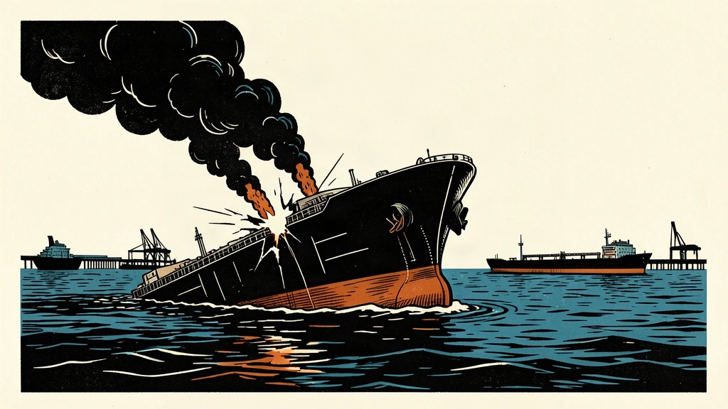 An editorial illustration showing a sinking oil tanker with smoke rising from its hull, while two other tankers sit disabled in the distance near an industrial terminal.