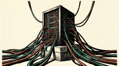HPE networking strategy: a central server rack supported by a dense, interlocking network of cables.
