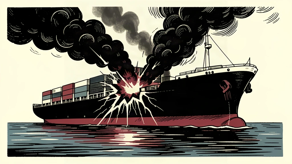 An editorial illustration of a cargo ship with a visible hole in its side and rising smoke.