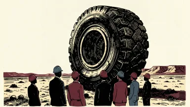 AngloGold Ashanti hosting investors in Nevada: a group of small silhouettes in hard hats stand before a massive, towering mining truck tire in the desert.