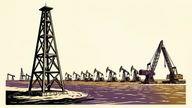 US oil rig count: a single new oil derrick is lowered into place at the end of a long, orderly line of existing rigs in a vast field.