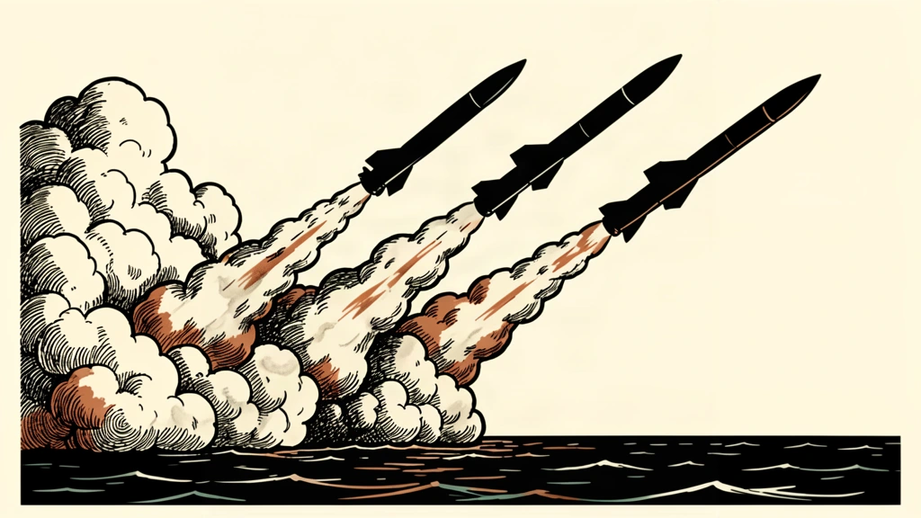 An editorial illustration of several missiles launching into the sky over the ocean, their smoke trails cutting through the clouds.