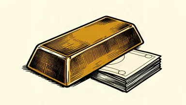 A heavy gold bar resting on a stack of paper currency, representing the choice between bullion and cash redemption.