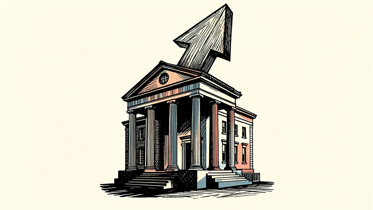 Old National Bancorp upgraded by Raymond James: a classical bank building is lifted upward by a large, bold arrow.