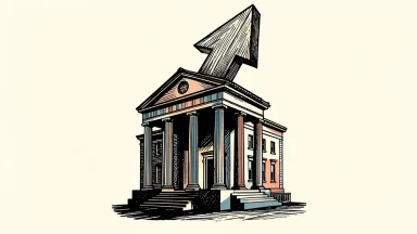 Old National Bancorp upgraded by Raymond James: a classical bank building is lifted upward by a large, bold arrow.