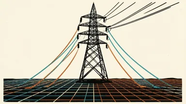 Constellation Energy grid operations supported by AI: a large electrical transmission tower connected to a glowing digital grid blueprint.
