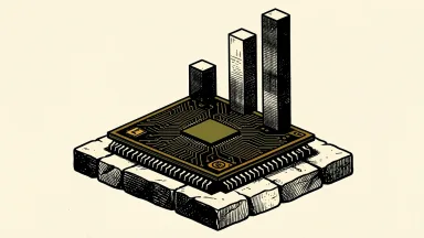Marvell Technology revenue targets: a large semiconductor chip on a stone base with three rising pillars behind it.