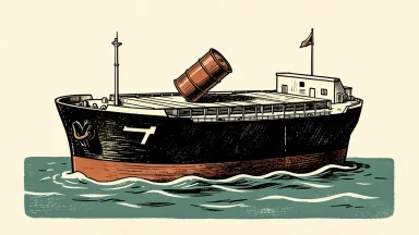 A cargo ship with an upward arrow on its hull carries an oil barrel, representing surging US import and export prices.