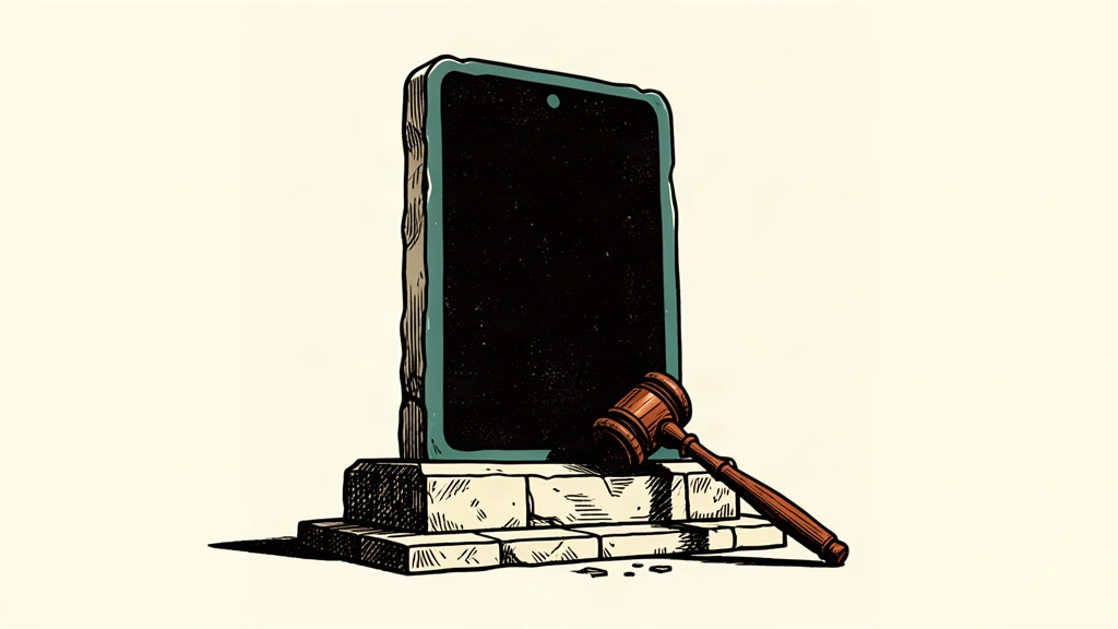 A large upright tablet looms over a broken wooden gavel on the floor.