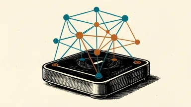 MaxLinear AI-powered broadband: a modern home gateway device projecting a network of interconnected nodes and lines of light.