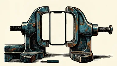 An illustration of a smartphone held tightly in a large industrial clamp, with a small repair tool sitting out of reach.
