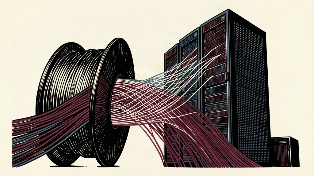An editorial illustration showing a thick bundle of fiber optic strands weaving into a large grid that resembles a server rack.